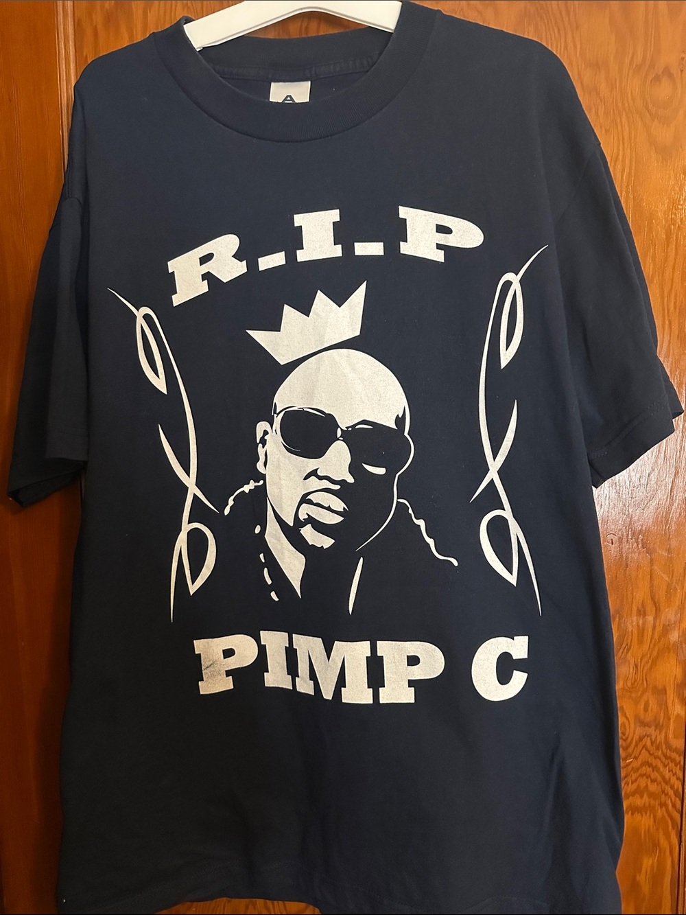 VINTAGE RIP PIMP C OF UGK CREWNECK T-SHIRT NAVY BLUE MENS SIZE LARGE